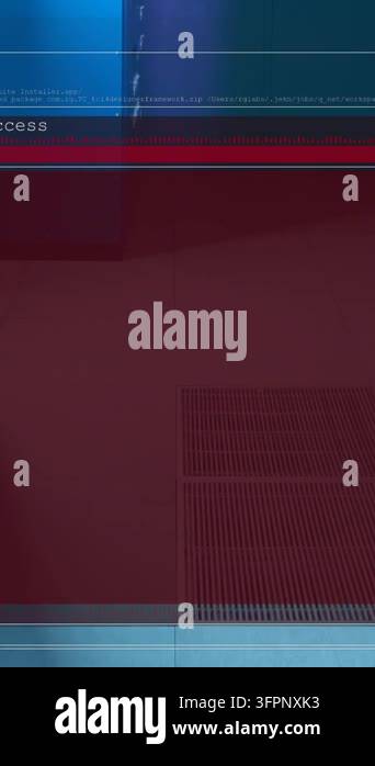 Animation of computer language and interface over server room. Digital ...
