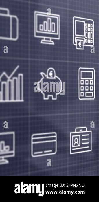 Animation of interface with multiple digital icons against empty office ...