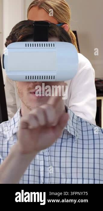 Animation of man wearing vr headset over female scientist using ...