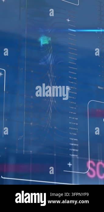 Animation of interface with data processing against tall building ...