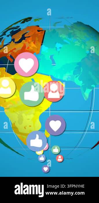 Digital animation of like, follow and heart icons with a globe on a ...