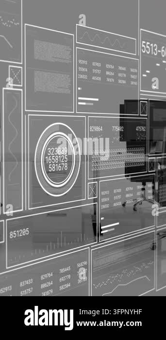 Animation of interface with data processing against empty office ...
