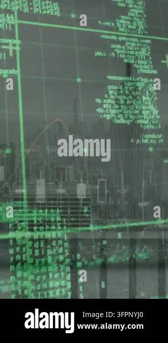 Animation of data processing over grid network against aerial view of ...