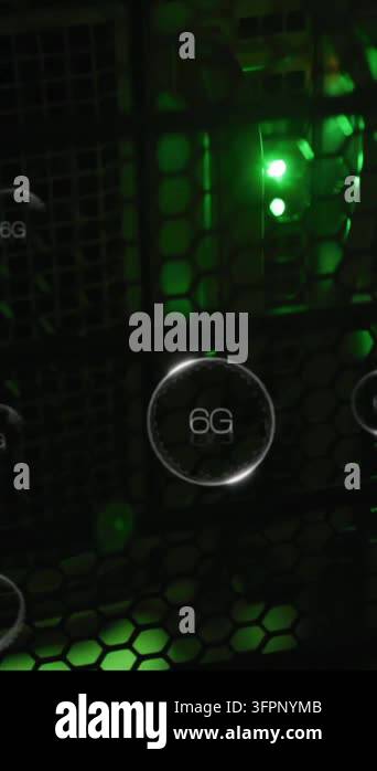 Animation of 6g text, digital data processing over computer servers ...