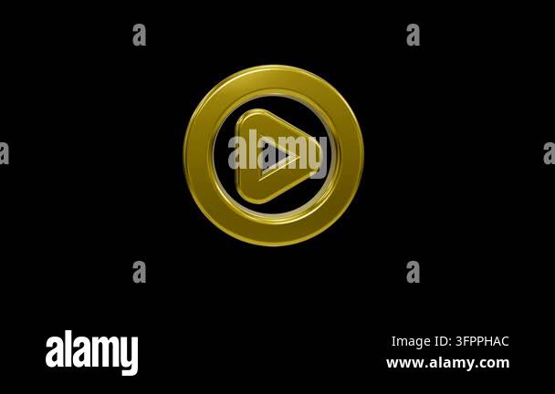 Golden metallic play button icon 3D render on black background Stock ...