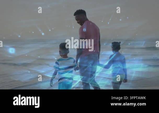 Overlay Html Over Video Dad stepping, walking kids on sand bonding holding hands while blue IT ...