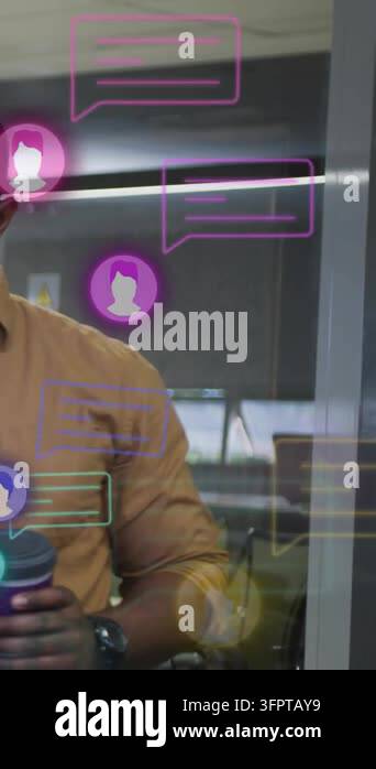 Vertical video: Man entering office holding cup while chats floating ...