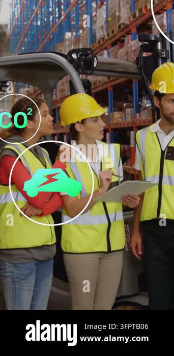 3 warehouse crew inspecting racks left worker pointing center noting ...