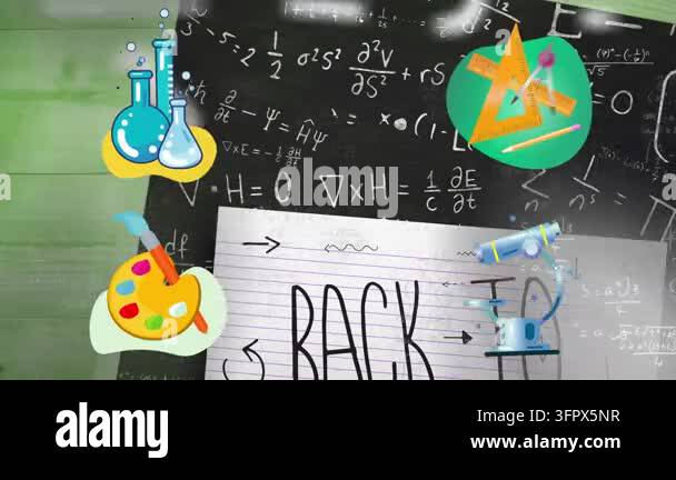 Animation of school icons over mathematical drawings. Global education ...