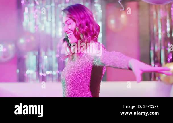 Music starting, woman rotating and lifting arm for party promo, network ...