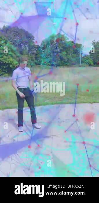 Vertical video: Golfer tapping phone then swinging club on pad, AR ...