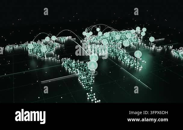 Animating 3D map as hub markers appearing, glowing pixels forming arcs ...