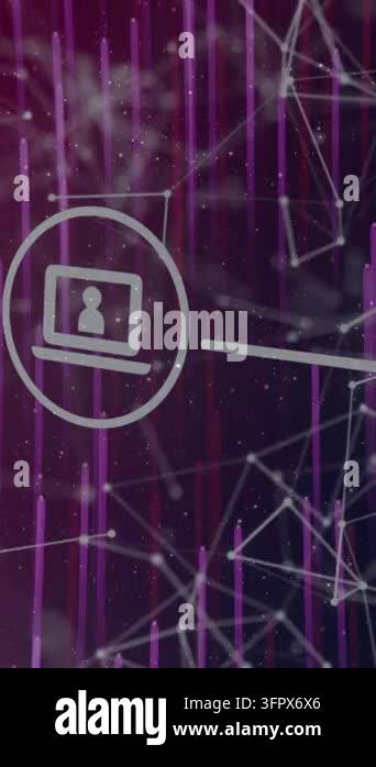 Animation of network of connections with tech icons over purple ...