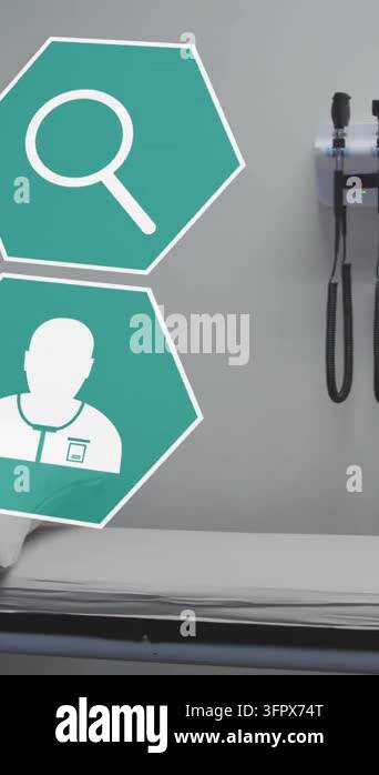 Animation of network of medical icons over hospital bed. Global ...