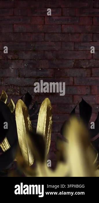Animation of copy space over leaves on brick background. Retro future ...