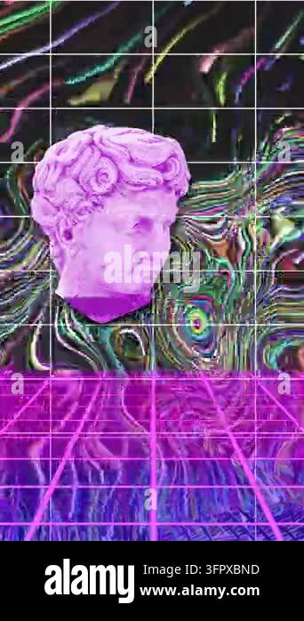 Classical sculpture heads, interference, leaves and grid over ...