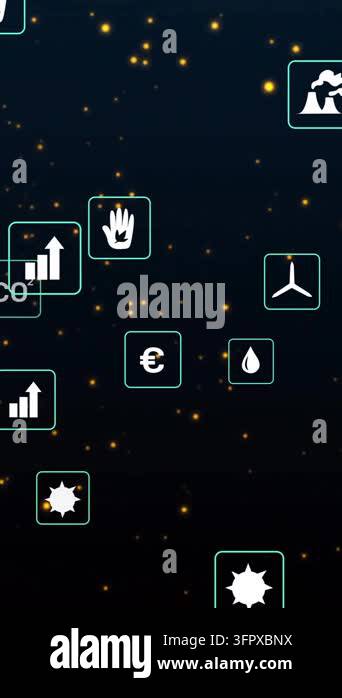Environmental icons and sustainability concepts animation over dark ...