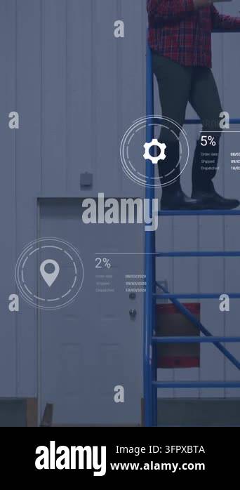Animation of icons with data processing over caucasian male worker in ...