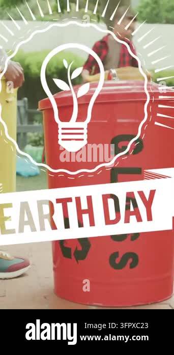 Recycling trash, people in park with Earth Day animation over light ...