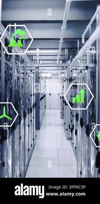 Animation of eco icons and digital data processing over computer ...