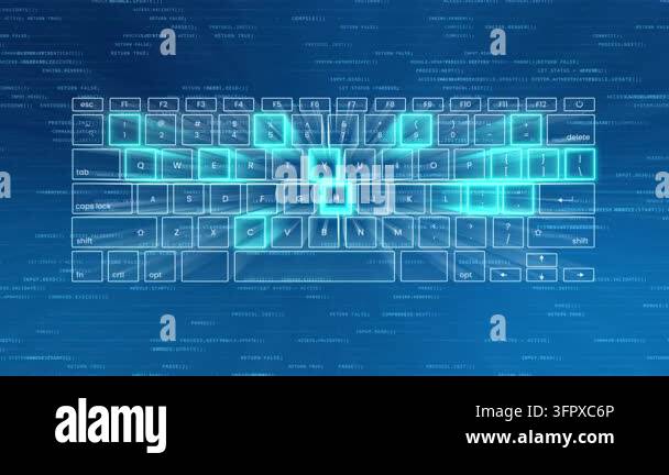Abstract futuristic 3D keyboard animation with glowing blue keys, light ...