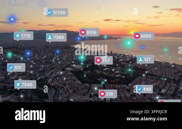 Social media icons fly over city downtown showing people engagement ...