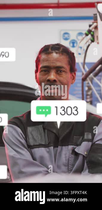 Vertical video: Man standing in garage overlay bubbles showing ...