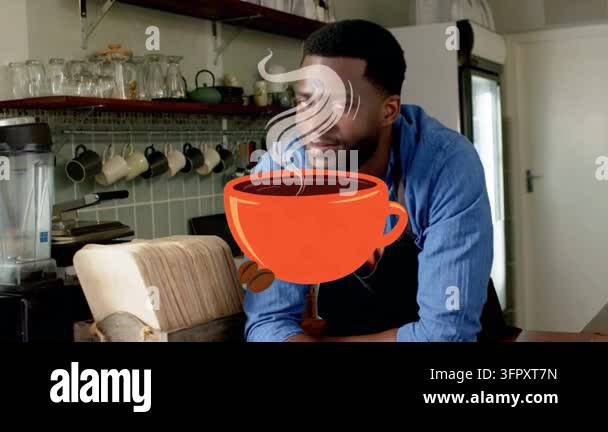 Barista shifting weight forward at cafe counter, animated coffee-cup ...