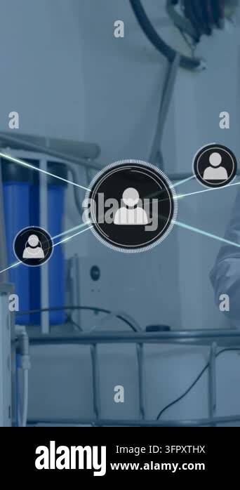 Vertical video: Filtration plant icons growing tech tapping tablet, net ...