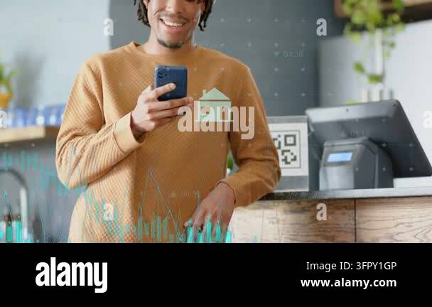 Male customer tapping phone at cafe counter, overlaying teal icons ...