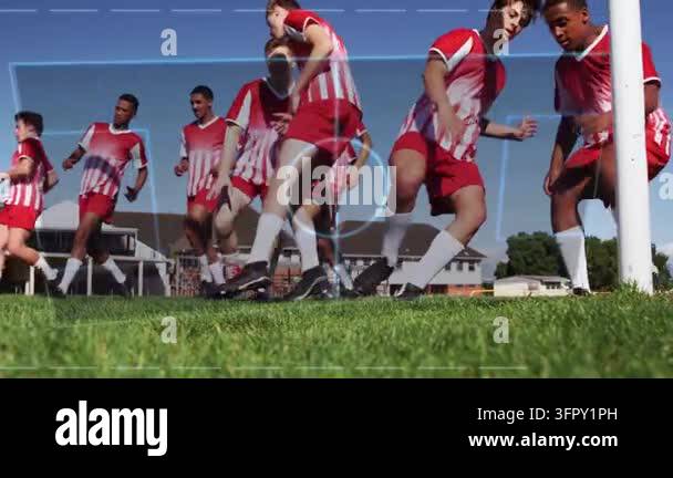 Teen soccer team jogging pitch, shifting into crouch with blue HUD ...