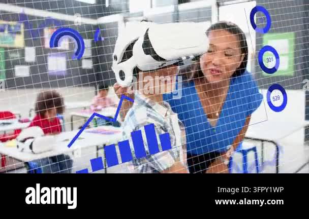 Boy wearing white VR headset, teacher tuning headset starting blue ...