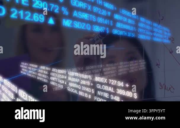 Writing Tickers Analyst lifting marker and writing on glass as holo finance ribbon ...