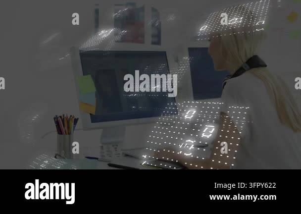 Overlay Html Over Video Office woman typing, binary overlay appearing and sweeping over desk ...