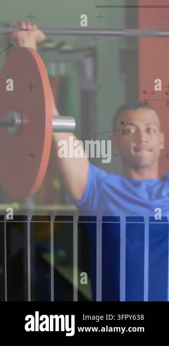 Male and female fitness lifters lifting bar as camera panning to red ...