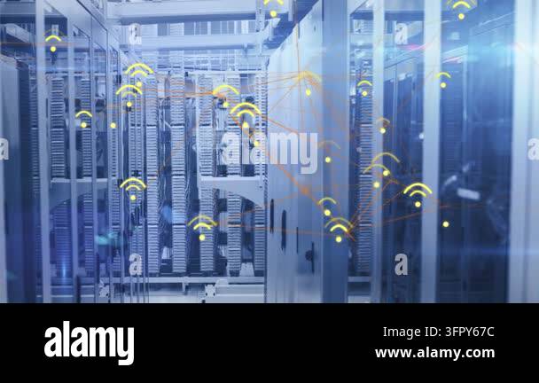 Animating aisle of server racks showing network in rack room, yellow ...