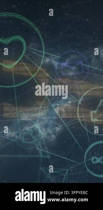 Animation of network of digital icons over security chain icon against ...