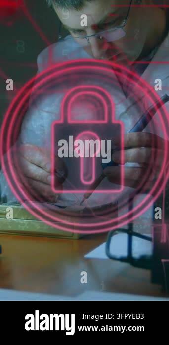 Animation of security padlock icon over caucasian male engineer ...