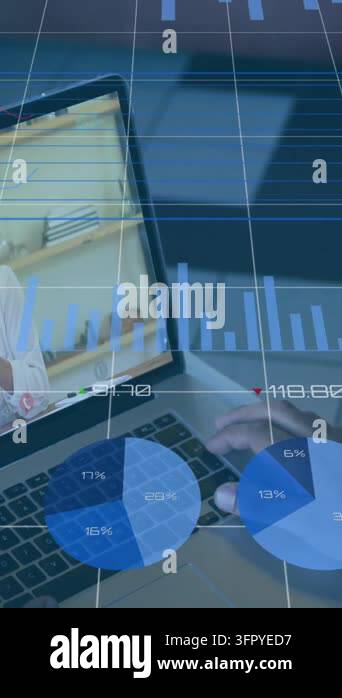 Animation of financial data processing over diverse business people on ...