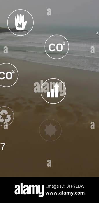 Animation overlaying icons and environmental data on coastal landscape ...