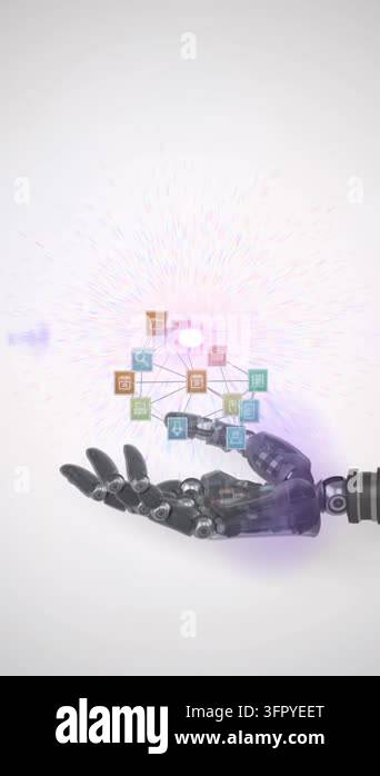 Animation of network of media icons over hand of robot arm, with ...