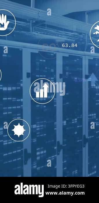 Animation of eco icons and data processing over computer servers ...