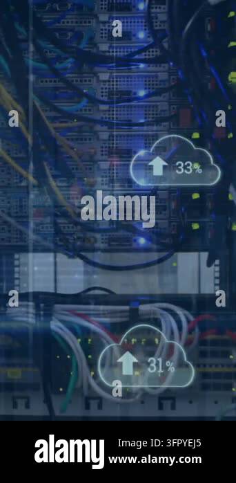 Animation of arrow and changing numbers in clouds over data server ...