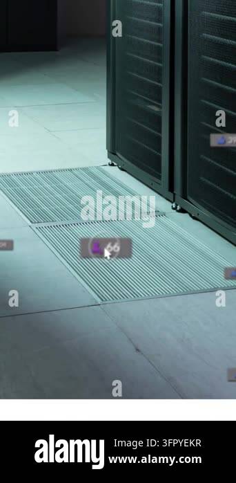 Animation of notification with numbers icons over data server room ...