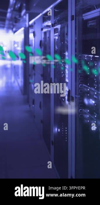 Animation of data processing and light spot against computer server ...