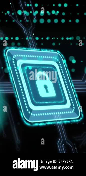 Animation of security padlock icon, microprocessor connections and ...