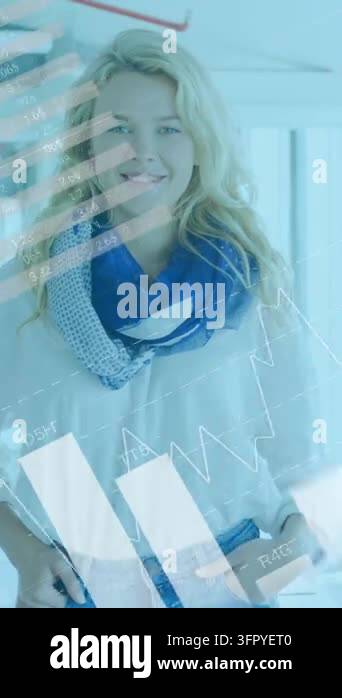 Animation of infographic interface over smiling caucasian woman ...