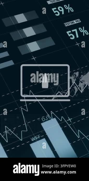 Animation of multiple icons over infographic interface and computer ...