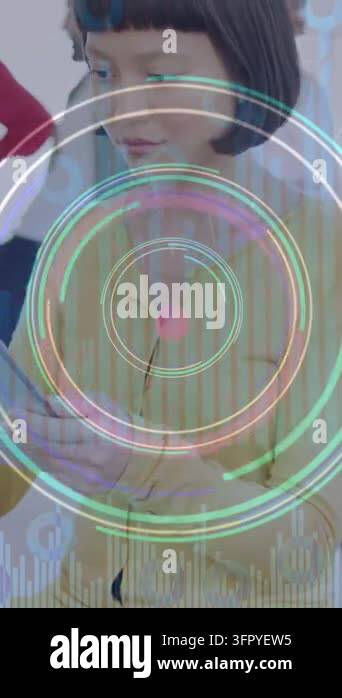 Image Computer Scannner Animation of neon light trails and round scanner over asian woman using ...