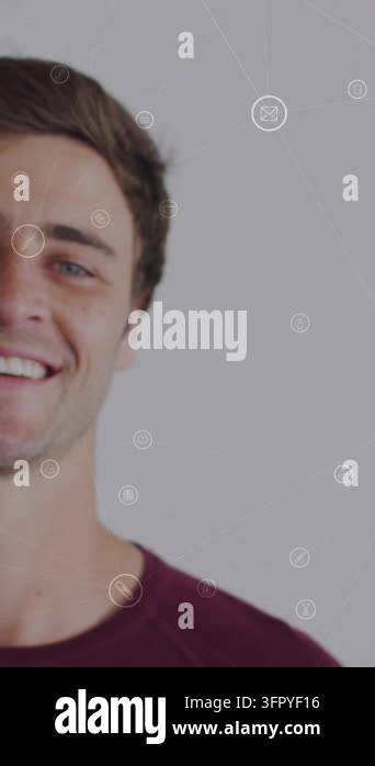 Animation of network of connections with icons over caucasian man ...